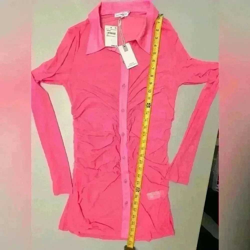 NWT Good American Ruched Long Sleeve‎ Minidress / Coverup Knockout Pink Sz 3 (L) - Picture 6 of 9